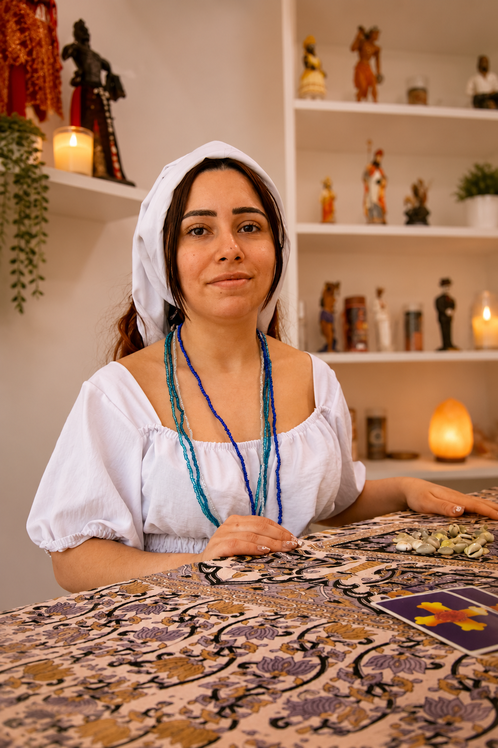 Taróloga Ayara Victoria em ambiente de consulta espiritual
