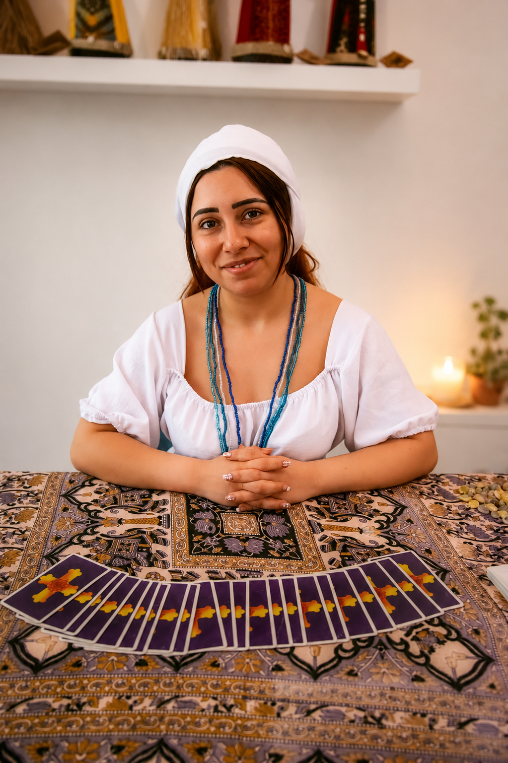 Taróloga Ayara Victoria com cartas de tarot
