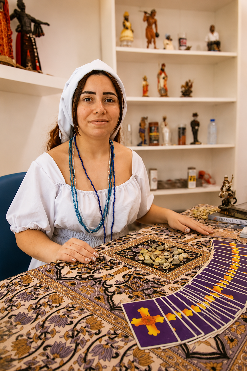 Taróloga Ayara Victoria em ambiente de consulta espiritual