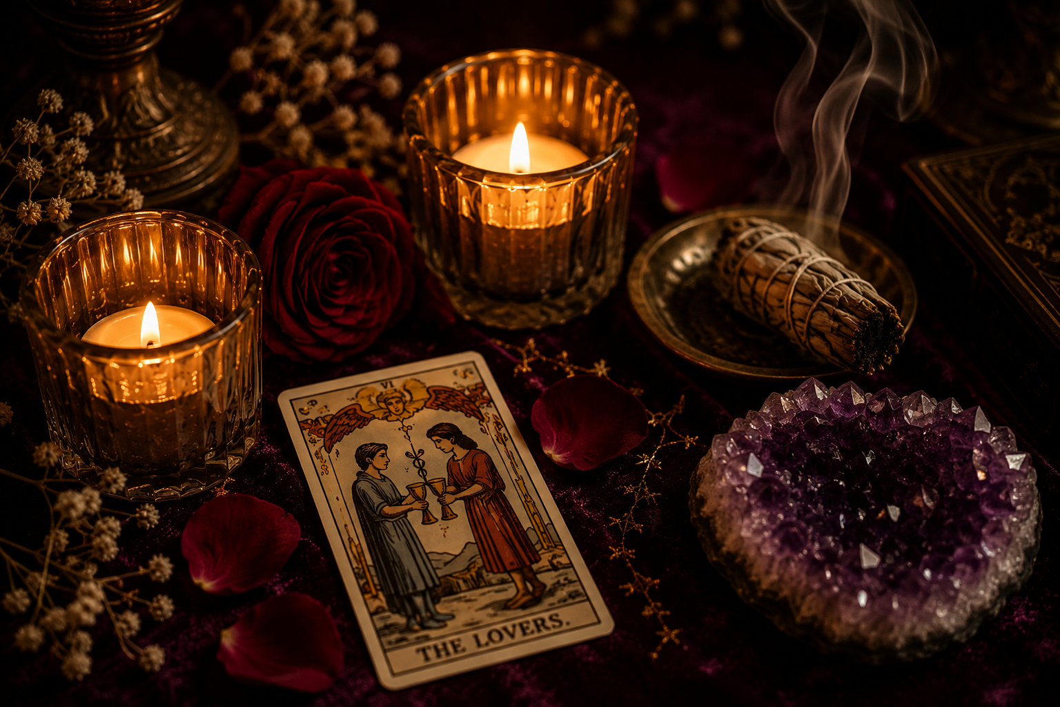 Velas, rosa e carta dos enamorados simbolizando orientação espiritual para o amor